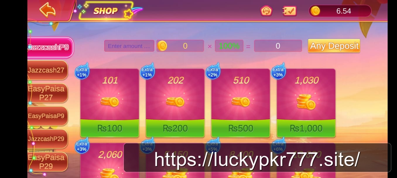 LuckyPkr 777 coin shop screen with Rs100 to Rs1000 deposit tiers