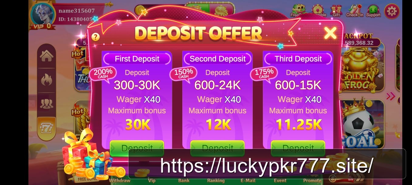 LuckyPkr 777 deposit offer screen showing 200%, 150% and 175% welcome bonuses