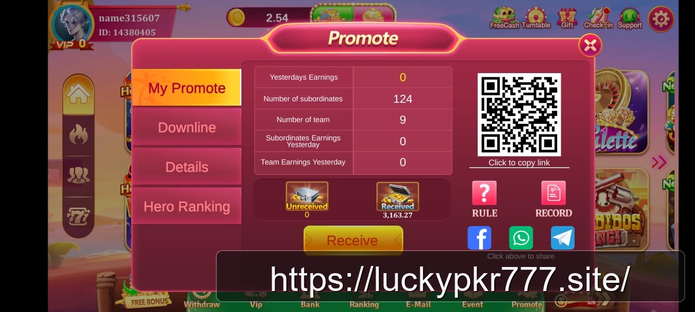 LuckyPkr 777 Promote referral screen showing subordinates and team earnings