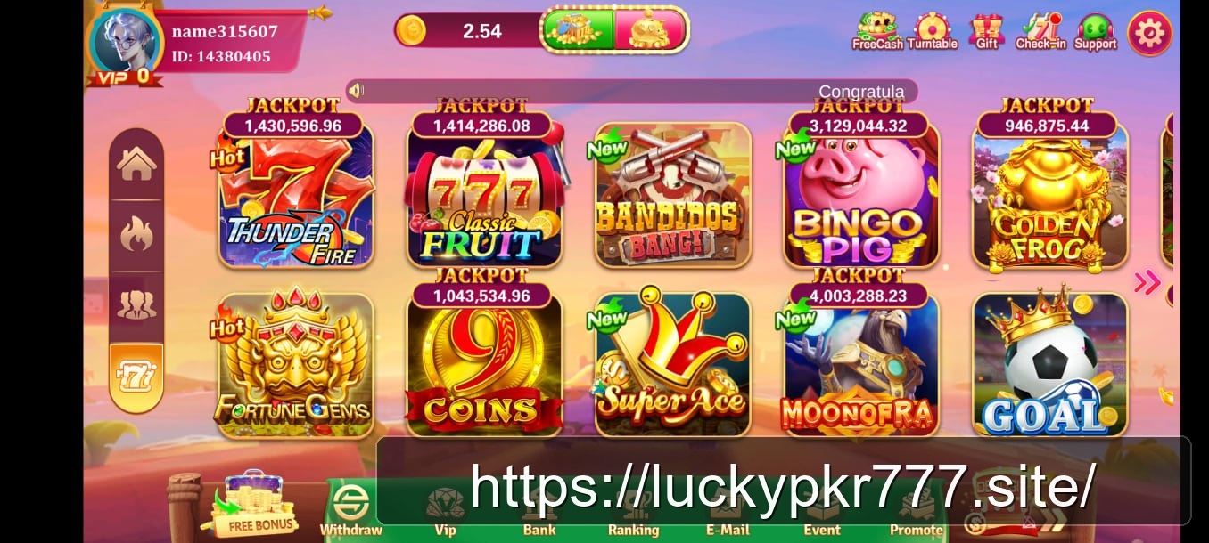 LuckyPkr 777 slot games lobby showing Thunder Fire, Bandidos Bang and other titles