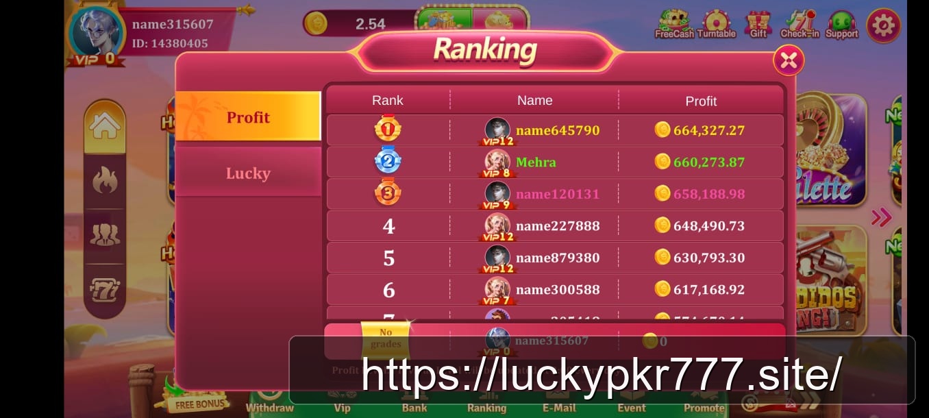 LuckyPkr 777 daily profit ranking leaderboard with VIP levels