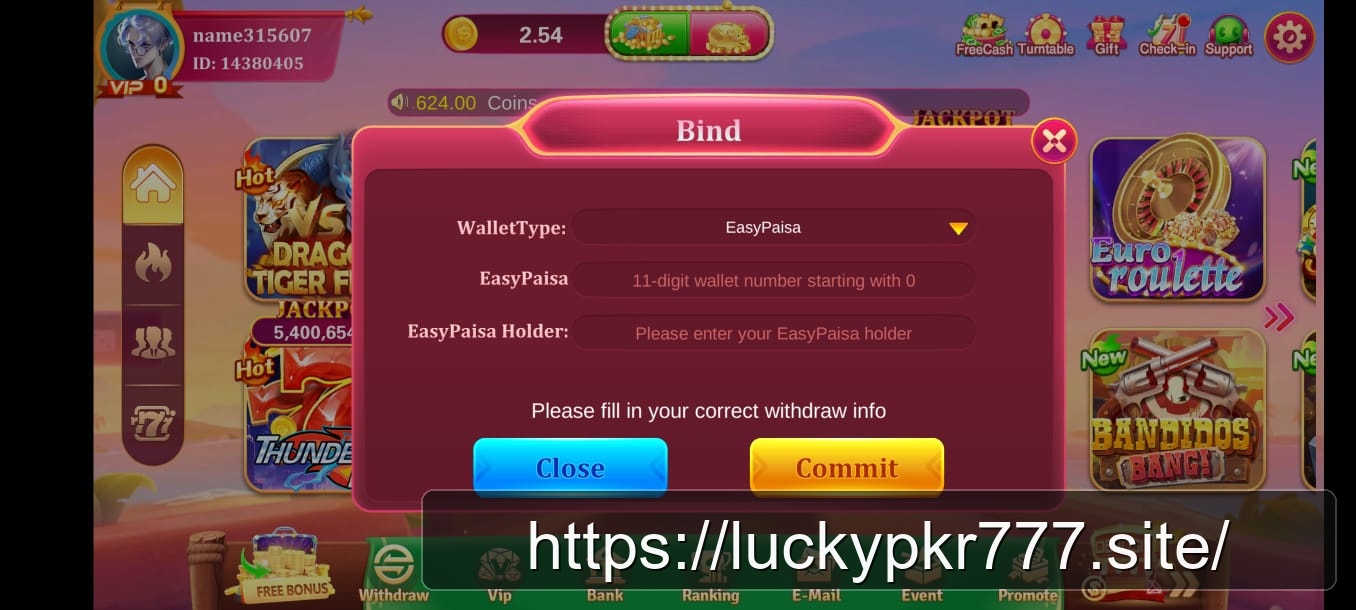 LuckyPkr 777 wallet bind screen for EasyPaisa withdrawal setup